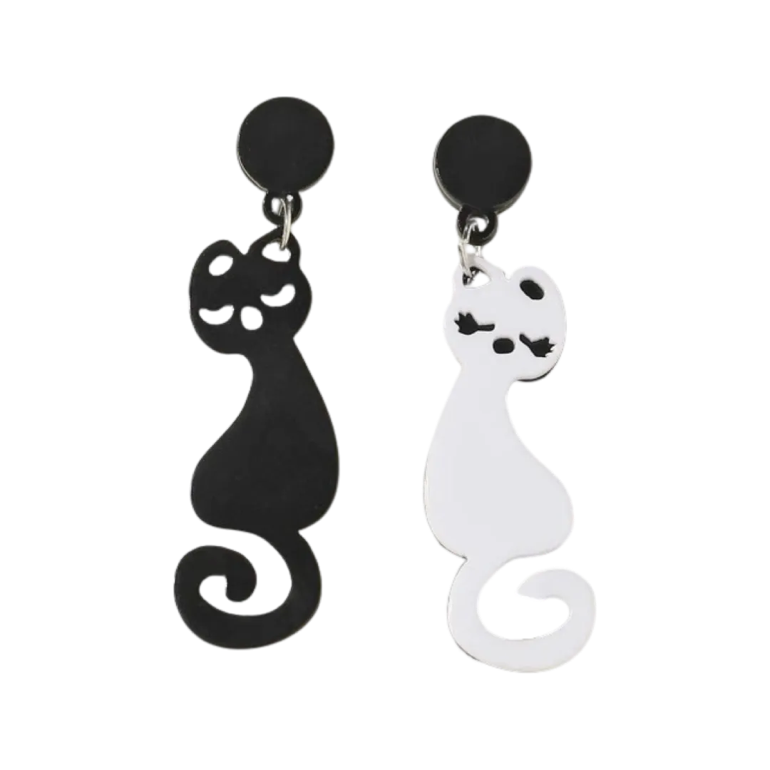 Earrings - Mismatched black and white cat drops