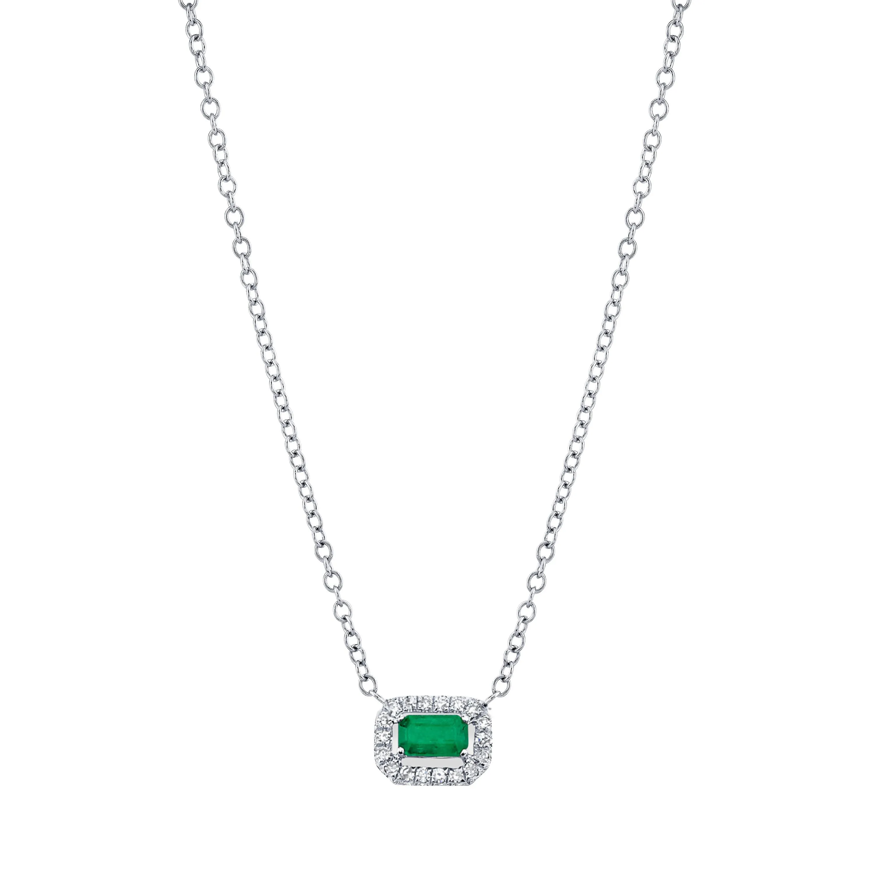 EMERALD & DIAMOND MINI HALO PENDANT NECKLACE