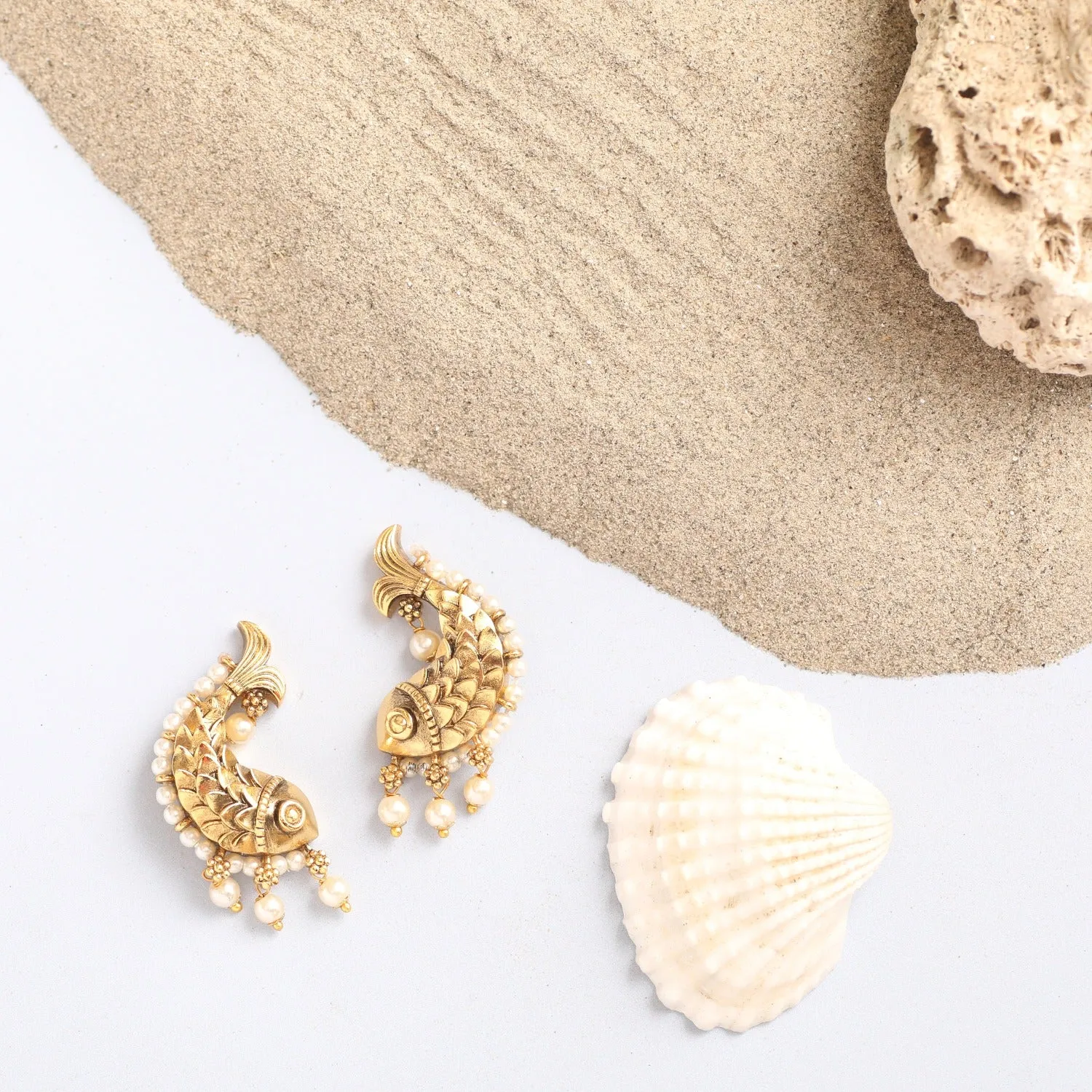 Fish and Pearl Oxidized Classic Earrings