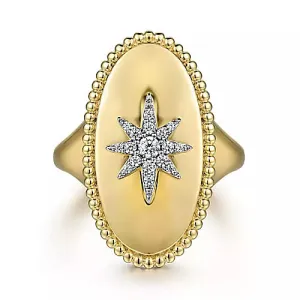 Gabriel & Co | 14K Yellow Gold Bujukan Oval Diamond Starburst Signet Ring