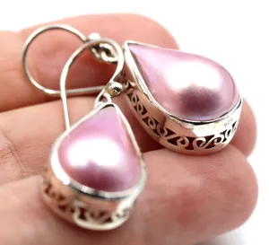 Genuine Sterling Silver Mabe Pink Pearls Teardrop Swirl Earrings