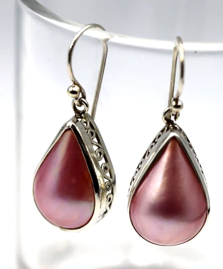 Genuine Sterling Silver Mabe Pink Pearls Teardrop Swirl Earrings