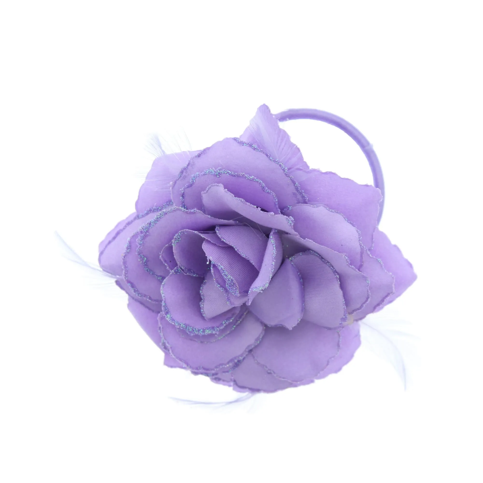 Glitter Hair Rose with Feathers on Concord Clip, Elastic & Brooch Pin