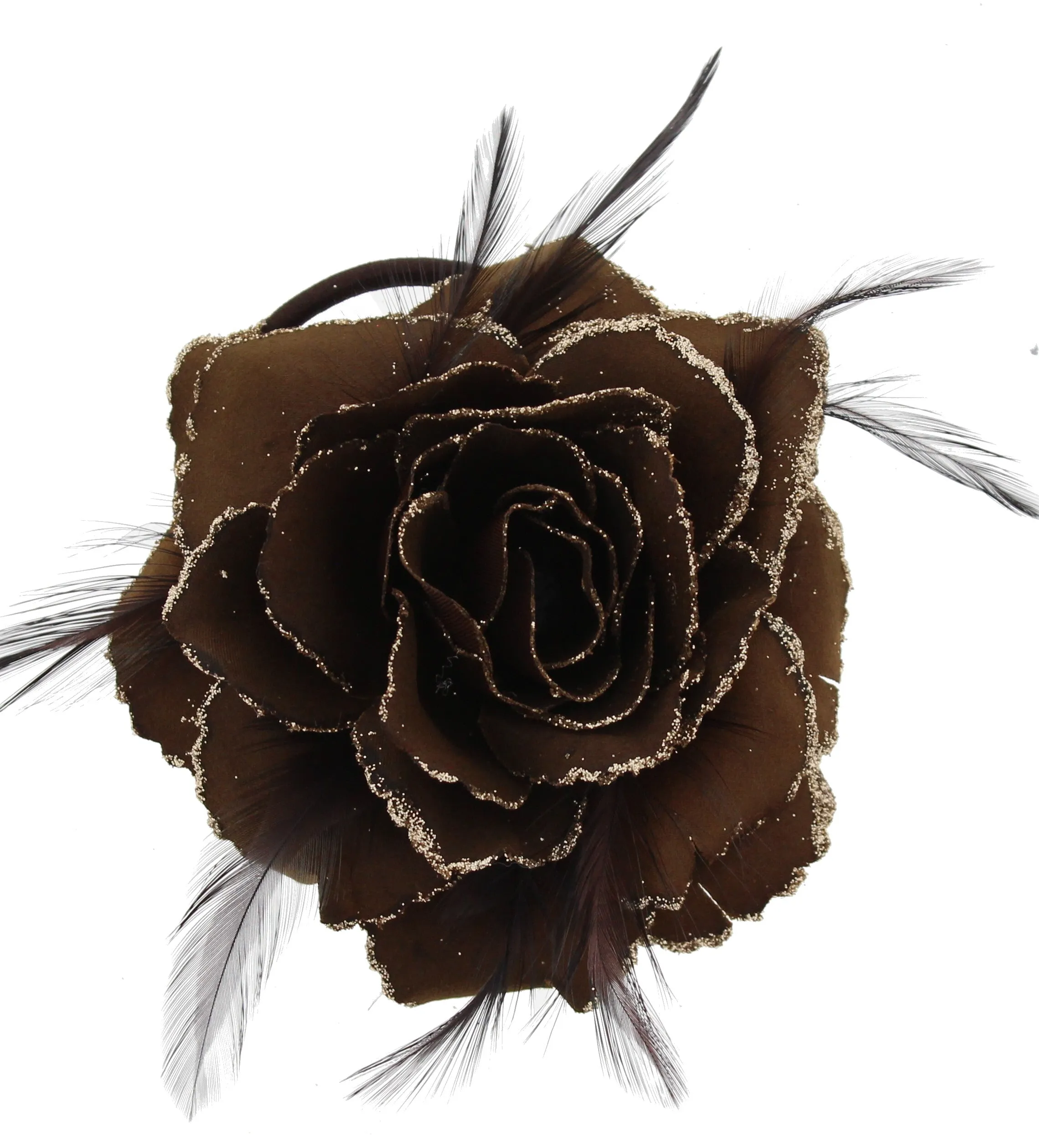 Glitter Hair Rose with Feathers on Concord Clip, Elastic & Brooch Pin