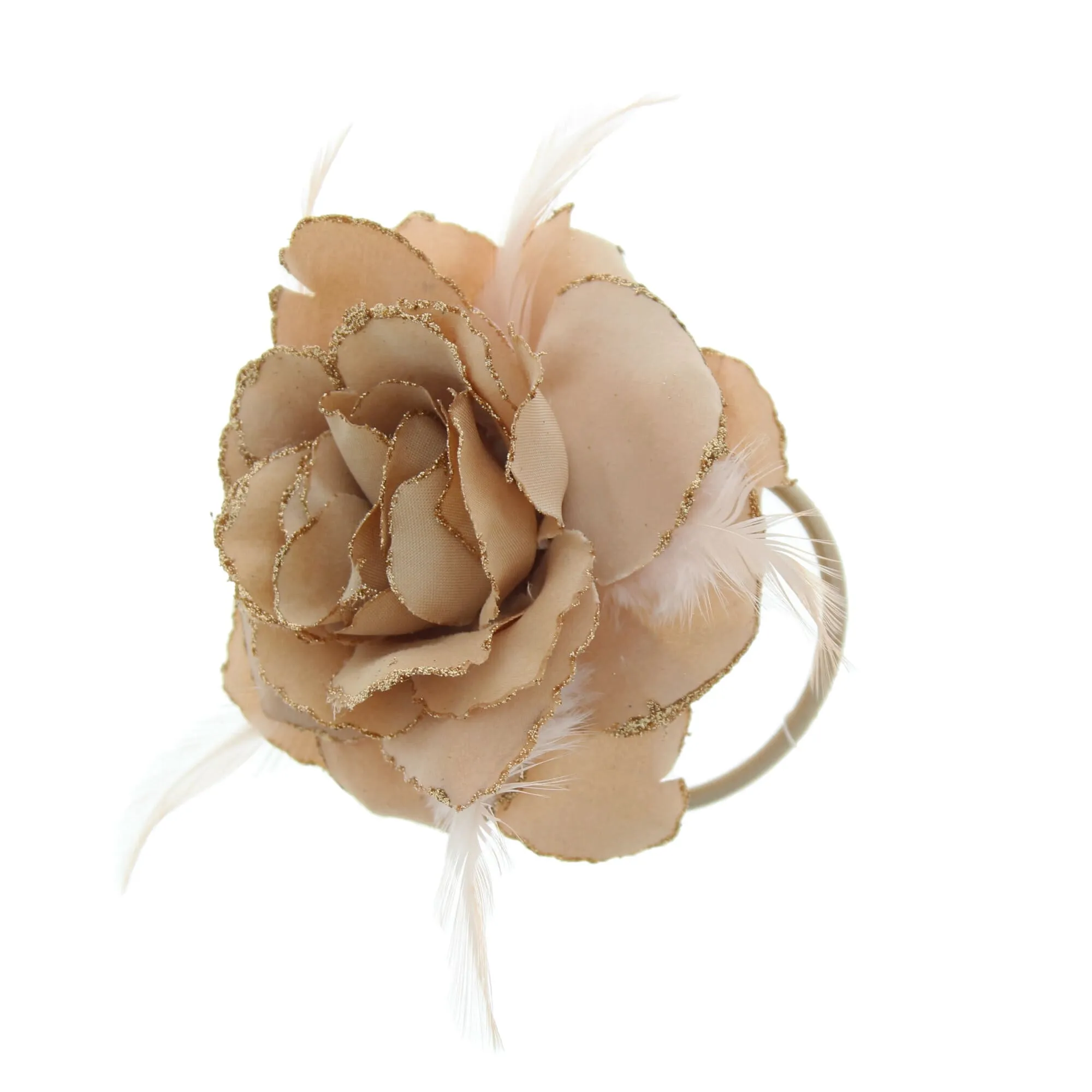 Glitter Hair Rose with Feathers on Concord Clip, Elastic & Brooch Pin