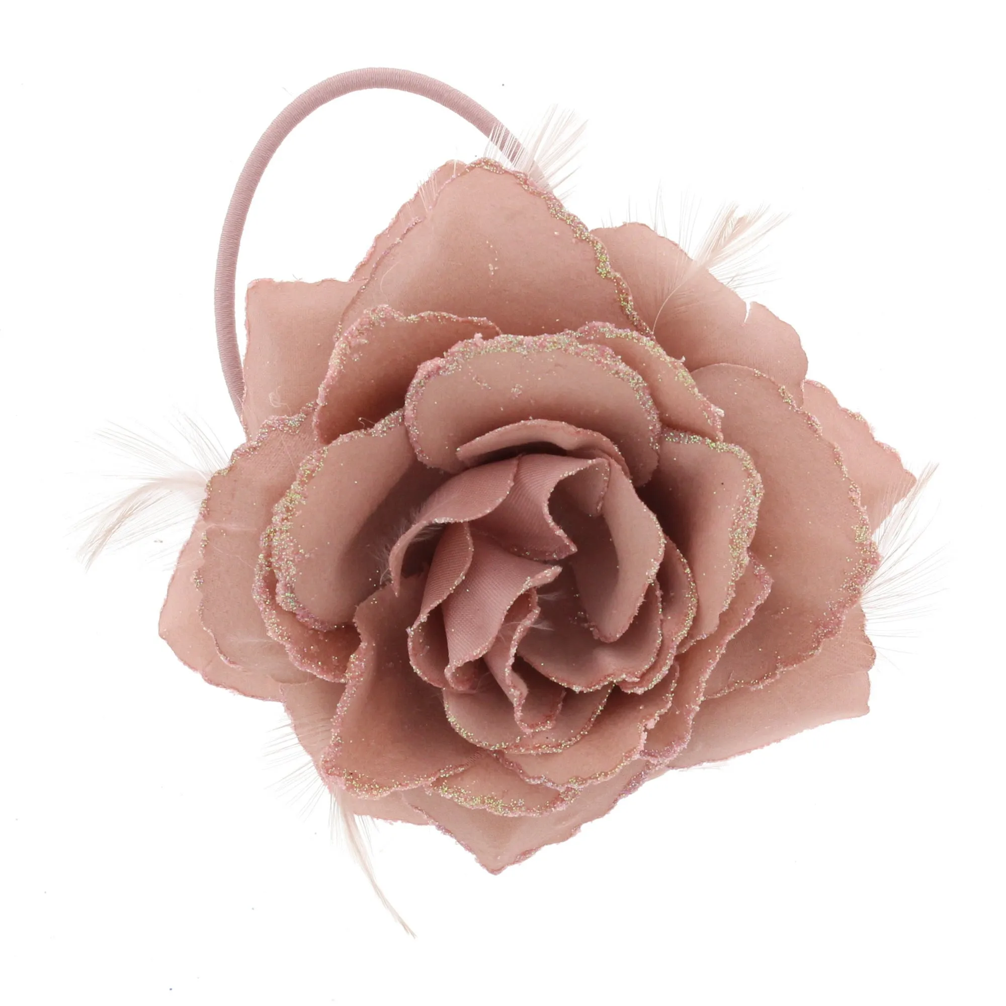 Glitter Hair Rose with Feathers on Concord Clip, Elastic & Brooch Pin