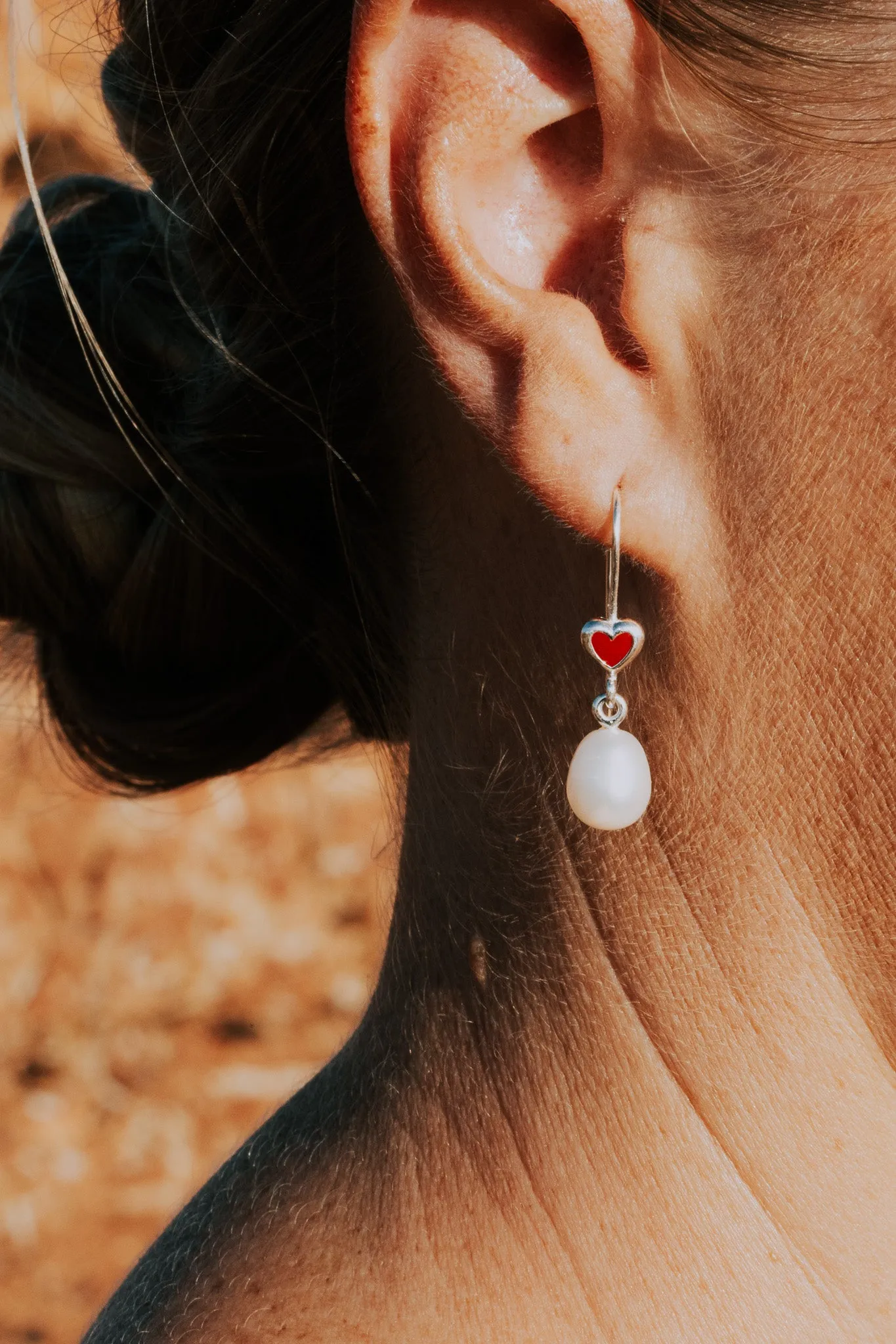 Gold and Red Love Heart Pearl Earrings