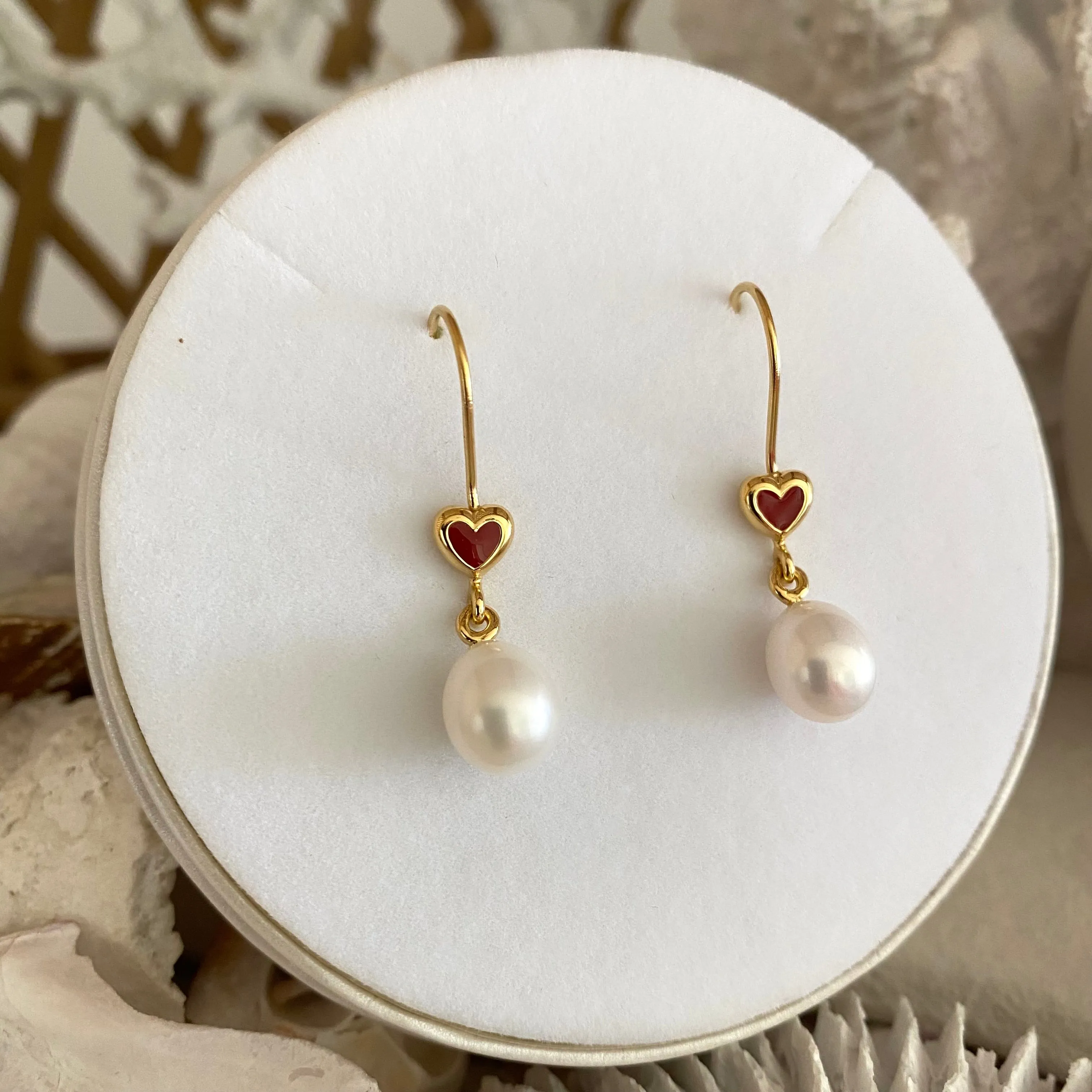 Gold and Red Love Heart Pearl Earrings