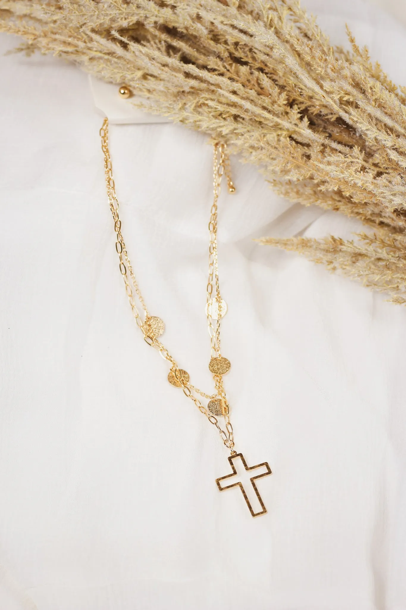 Gold Coin Layered with Open Cross 16"-18" Necklace