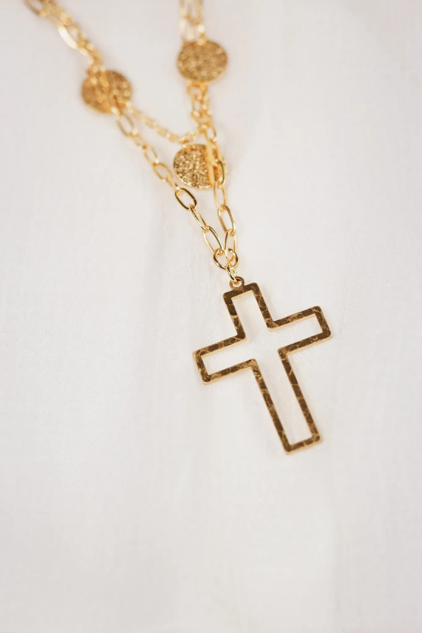 Gold Coin Layered with Open Cross 16"-18" Necklace