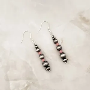 Graduated Navajo Pearls & Rhodochrosite Drop Dangle Earrings Sterling Silver NPE016