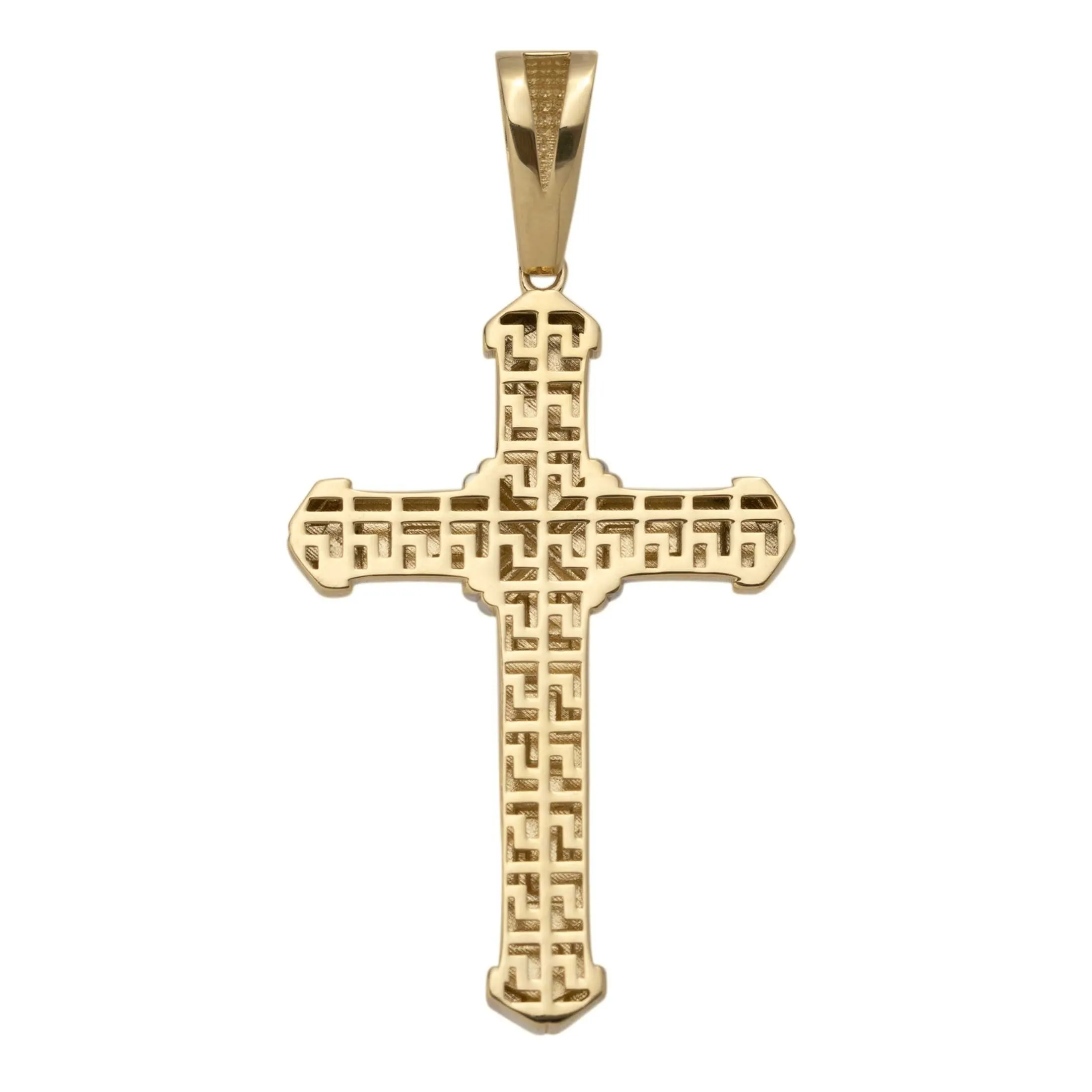 Greek Key Design Byzantine Cross Pendant 14K Yellow Gold