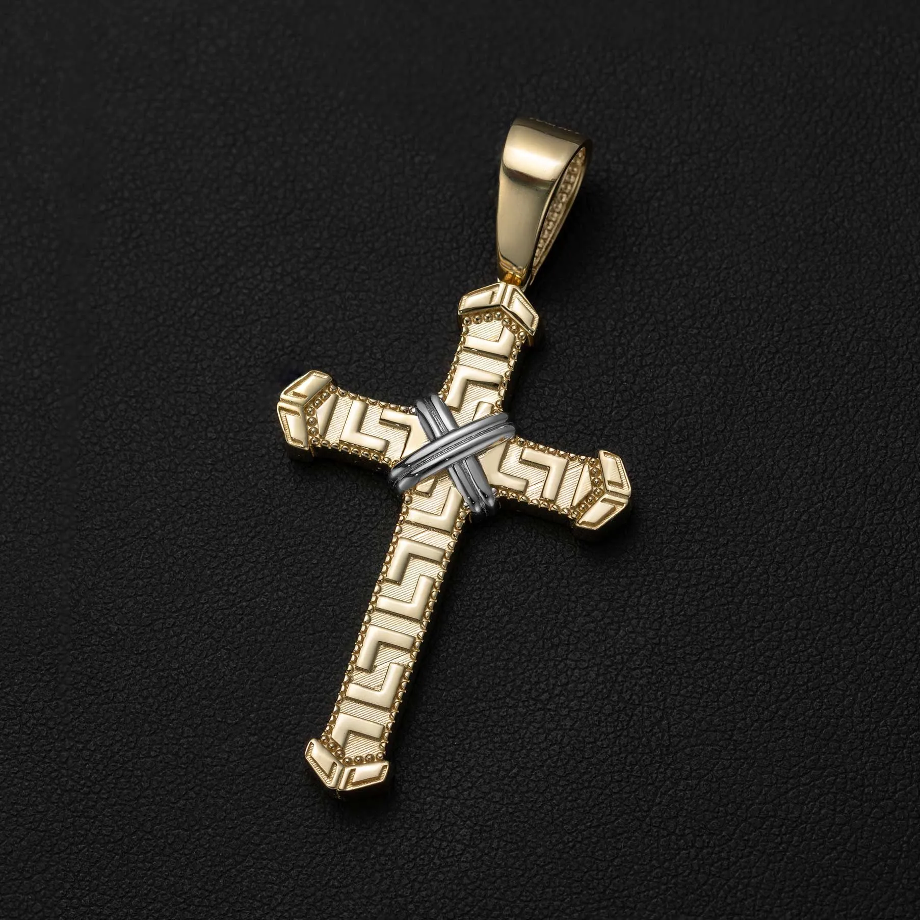 Greek Key Design Byzantine Cross Pendant 14K Yellow Gold