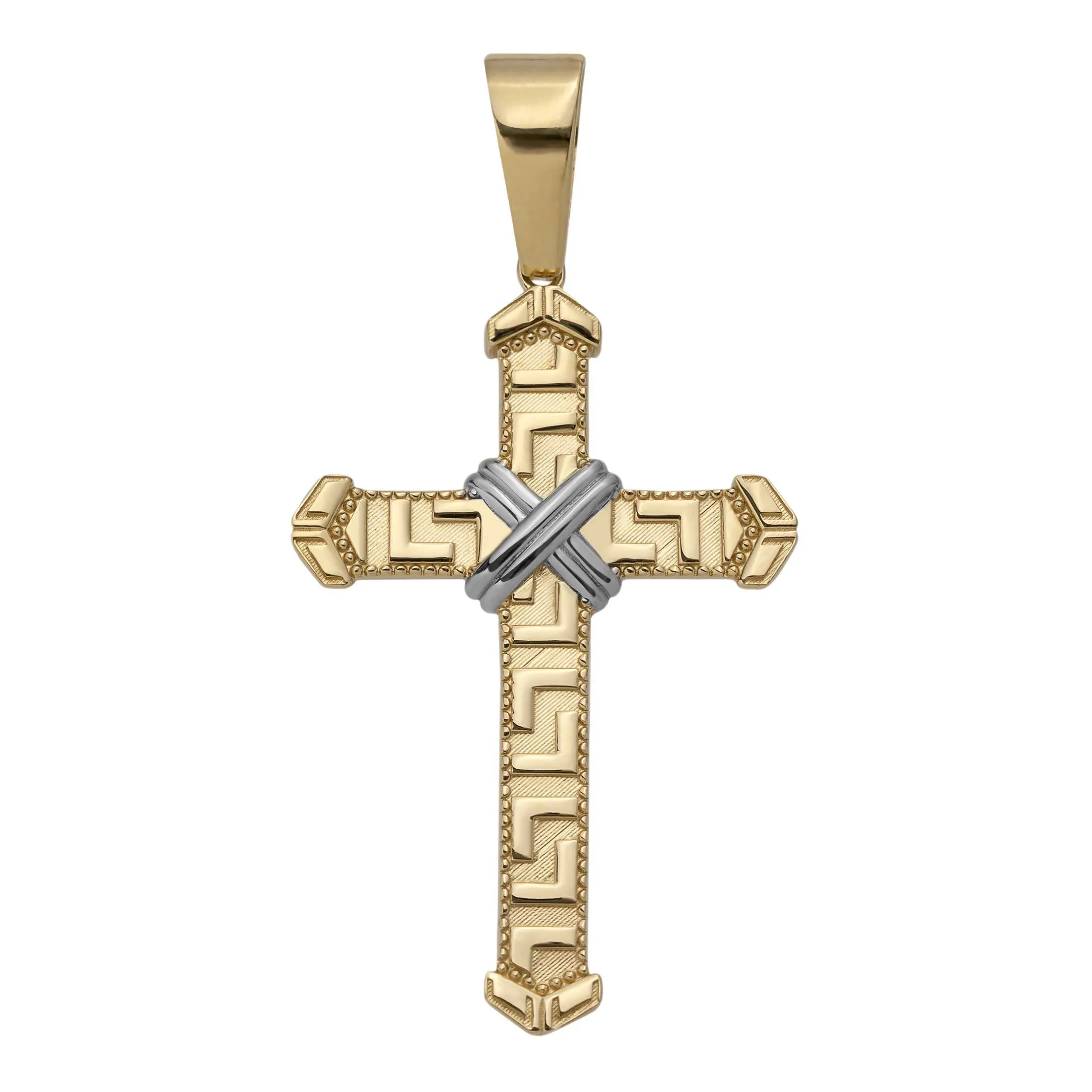 Greek Key Design Byzantine Cross Pendant 14K Yellow Gold