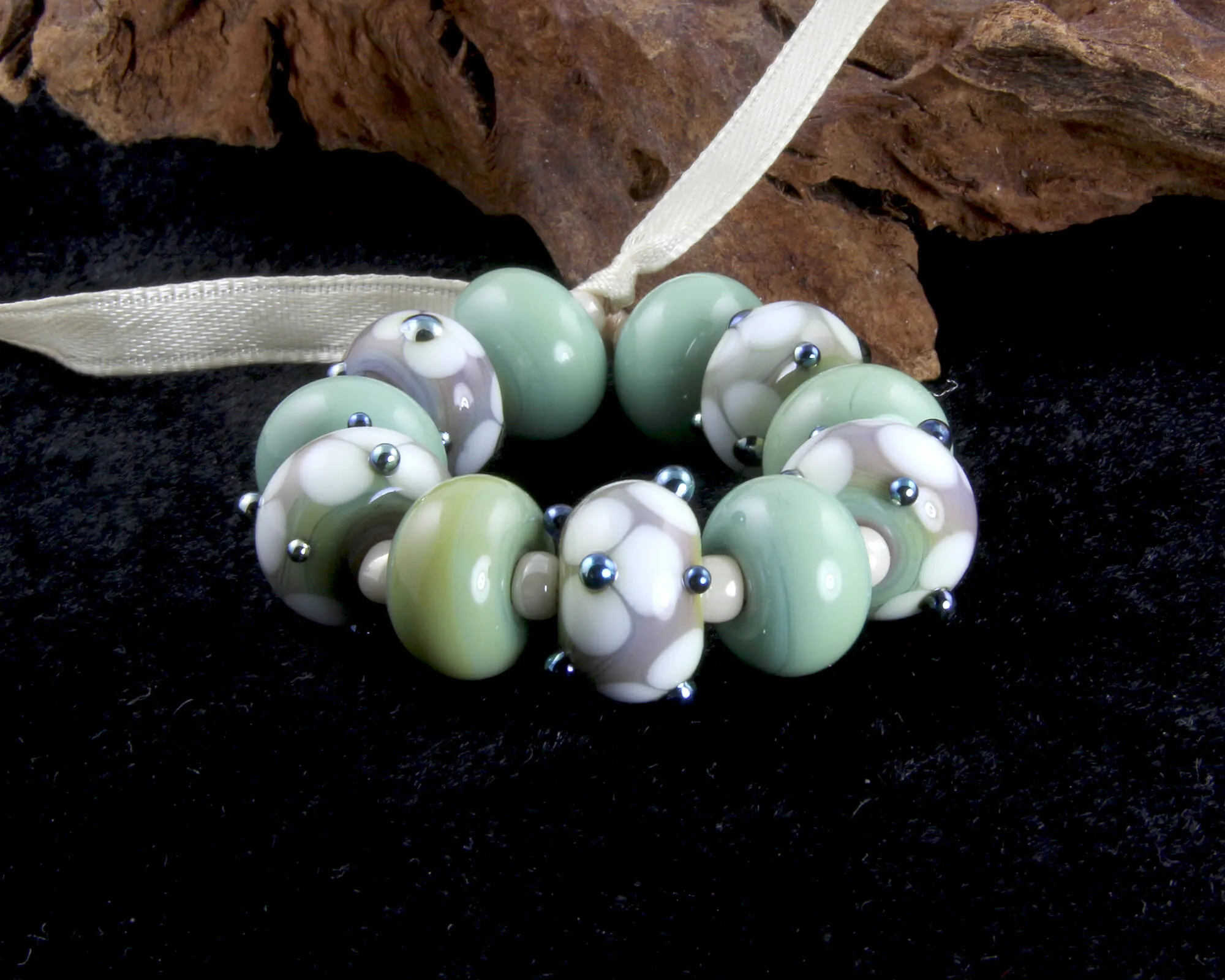 Green Floral Lampwork Beads Set SRA