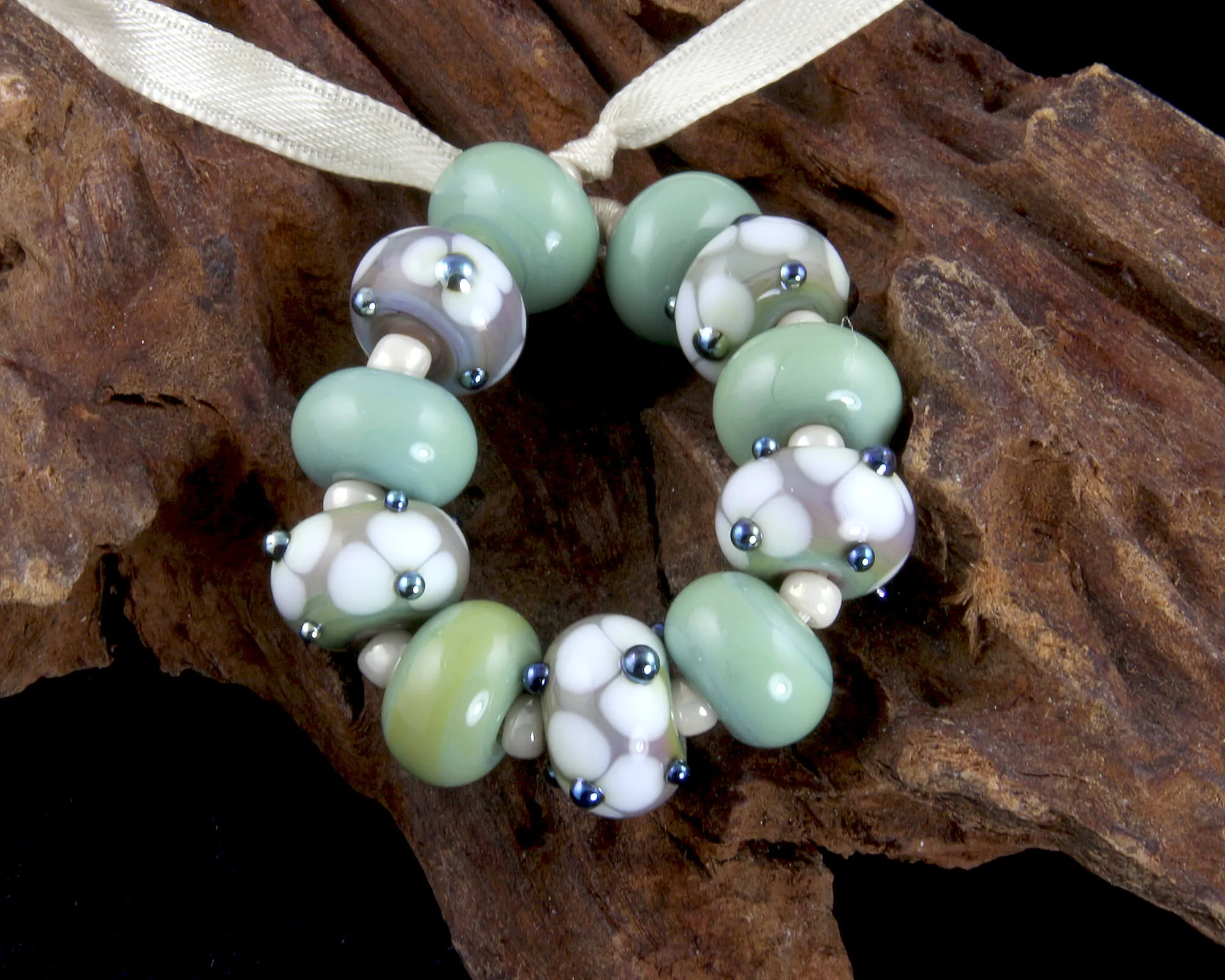 Green Floral Lampwork Beads Set SRA