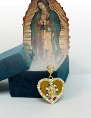 Guadalupe Heart Pendant CZ Solid Yellow Gold 14K For Womens / Our Lady of Guadalupe Pendant / Dijes