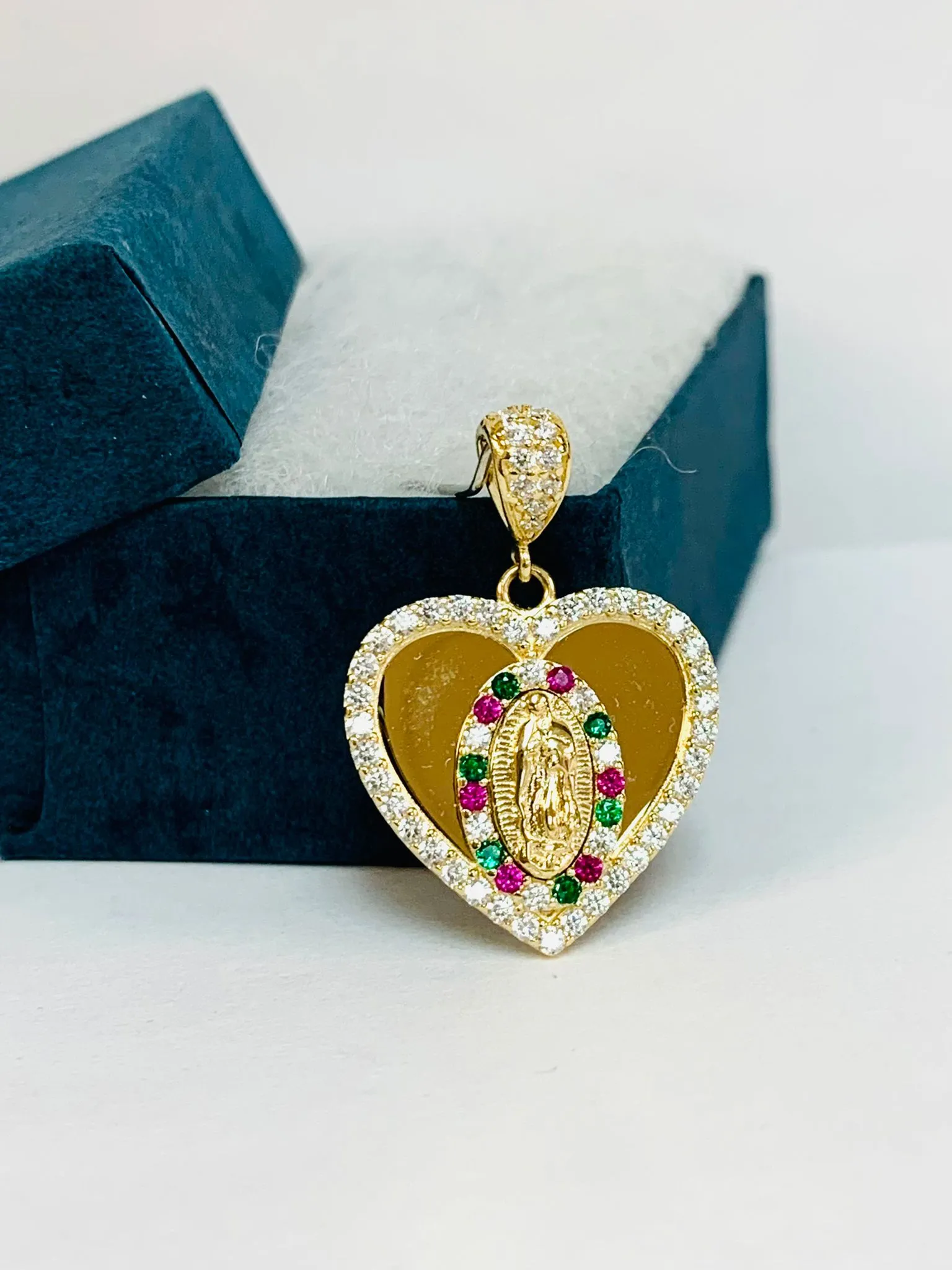 Guadalupe Heart Pendant CZ Solid Yellow Gold 14K For Womens / Our Lady of Guadalupe Pendant / Dijes