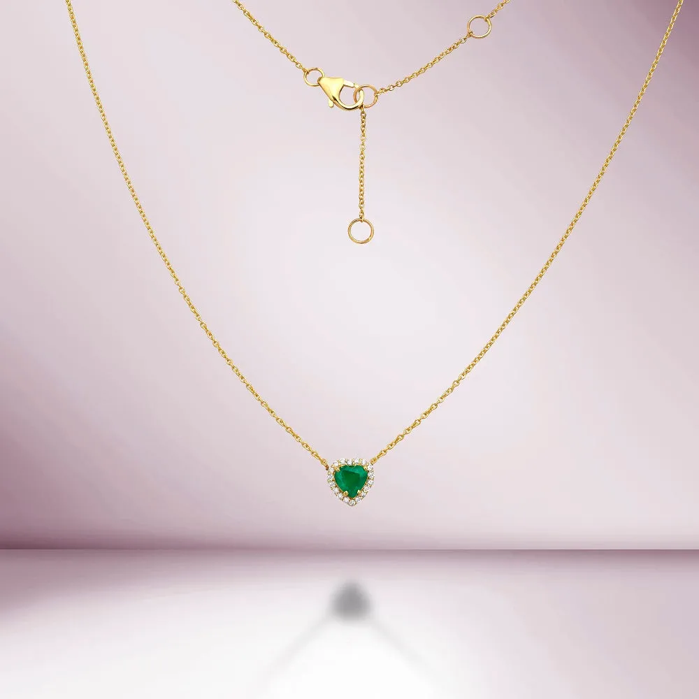 Heart Shape Emerald With Diamond Halo Necklace (0.96 ct.) in 14K Gold