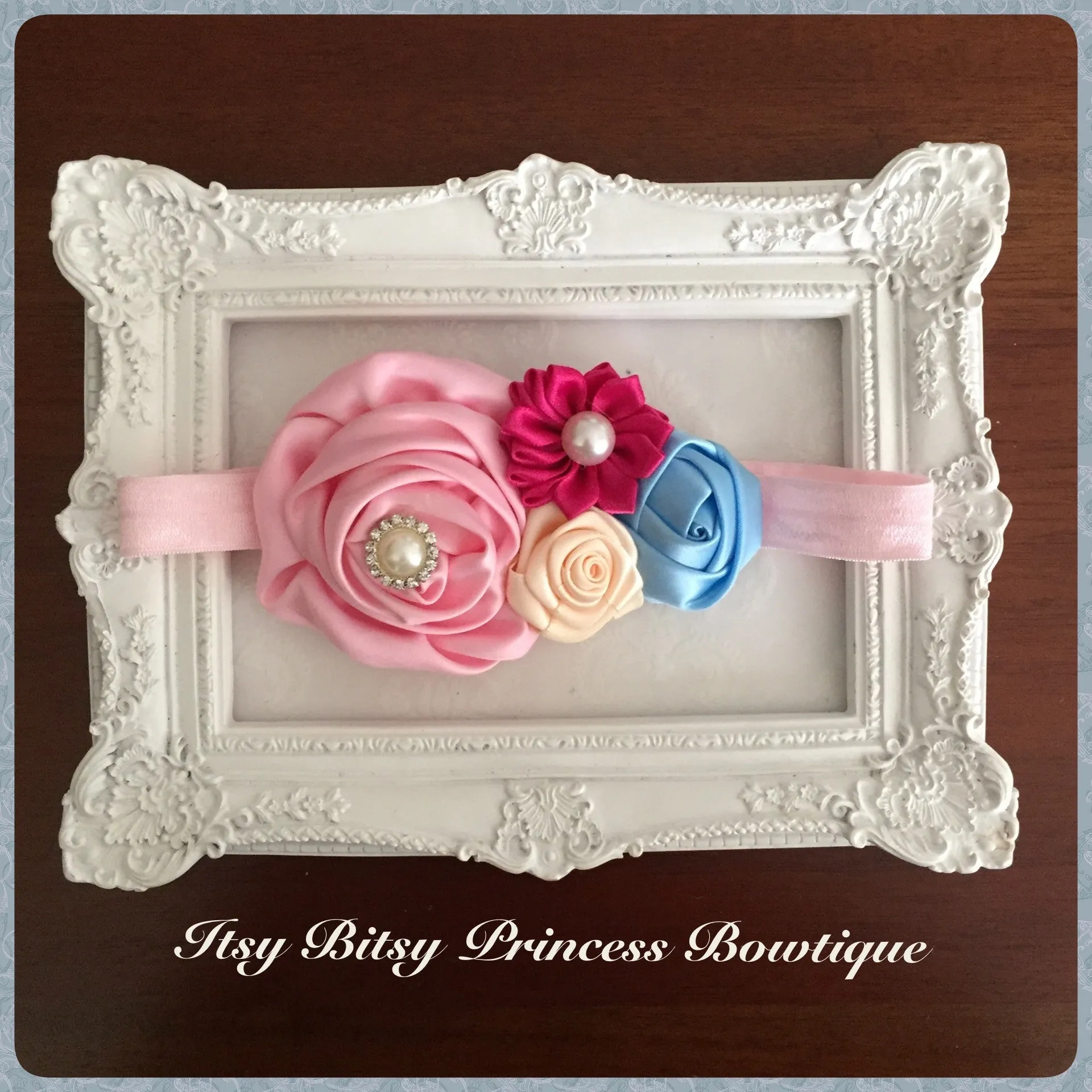 Hot Pink, Light Pink, Blue & Cream Rosettes Headband