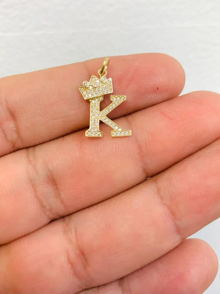 Initials Letters Pendant / 14k Yellow Gold Initials with Crown Cubic Zirconia Charm / Dije de las Iniciales en Oro