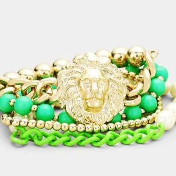 Lion Green & Gold Set of 4 Stretch Bracelets