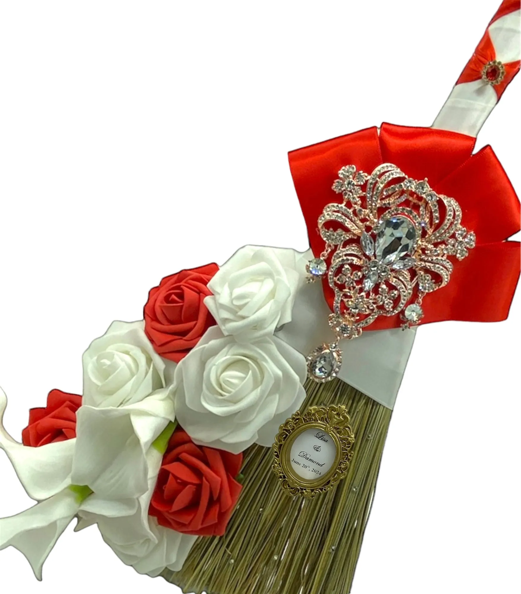 MACY~ RED Satin Roses Cascade Waterfall Brooch Bouquet