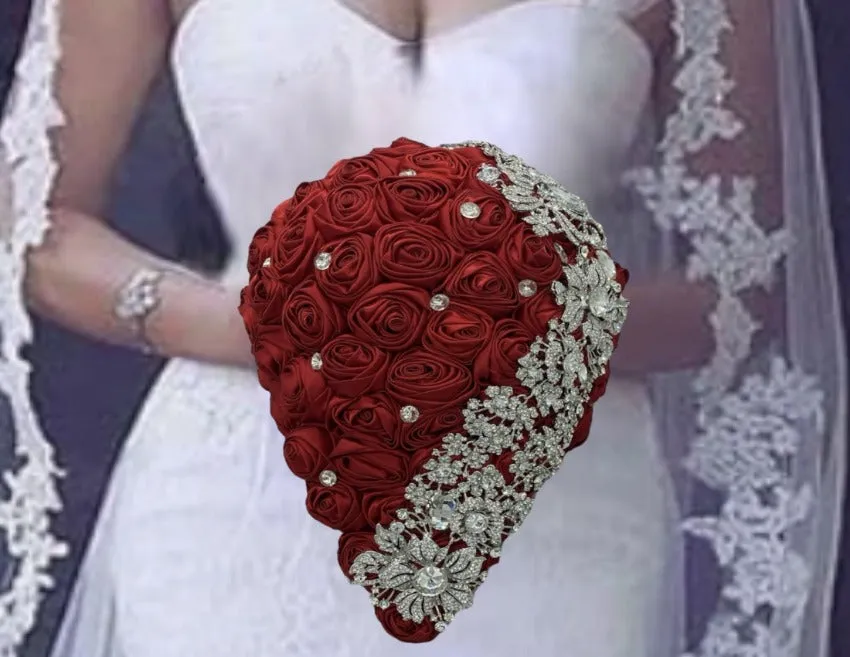 MACY~ RED Satin Roses Cascade Waterfall Brooch Bouquet