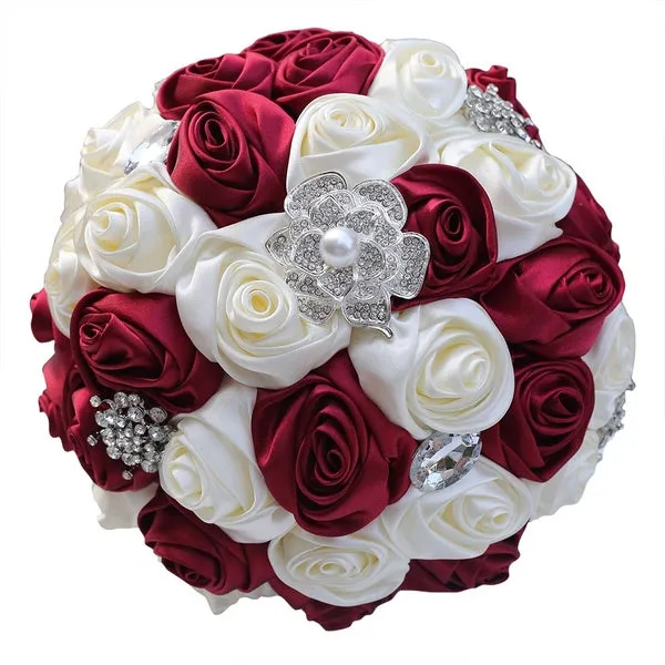 MACY~ RED Satin Roses Cascade Waterfall Brooch Bouquet