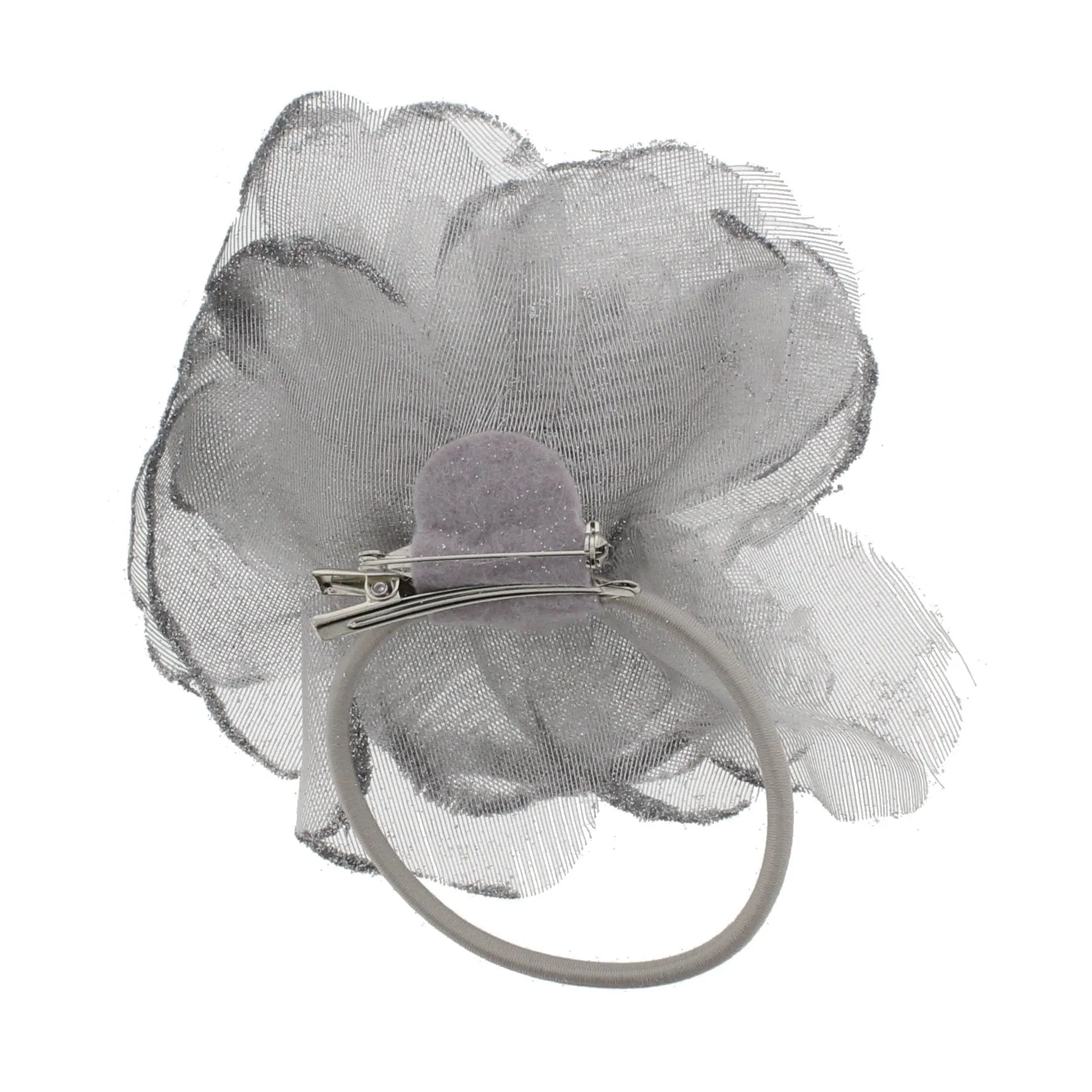 Mesh Glitter Hair Rose with Feathers on Concord Clip, Elastic & Brooch Pin (13cm Diameter)