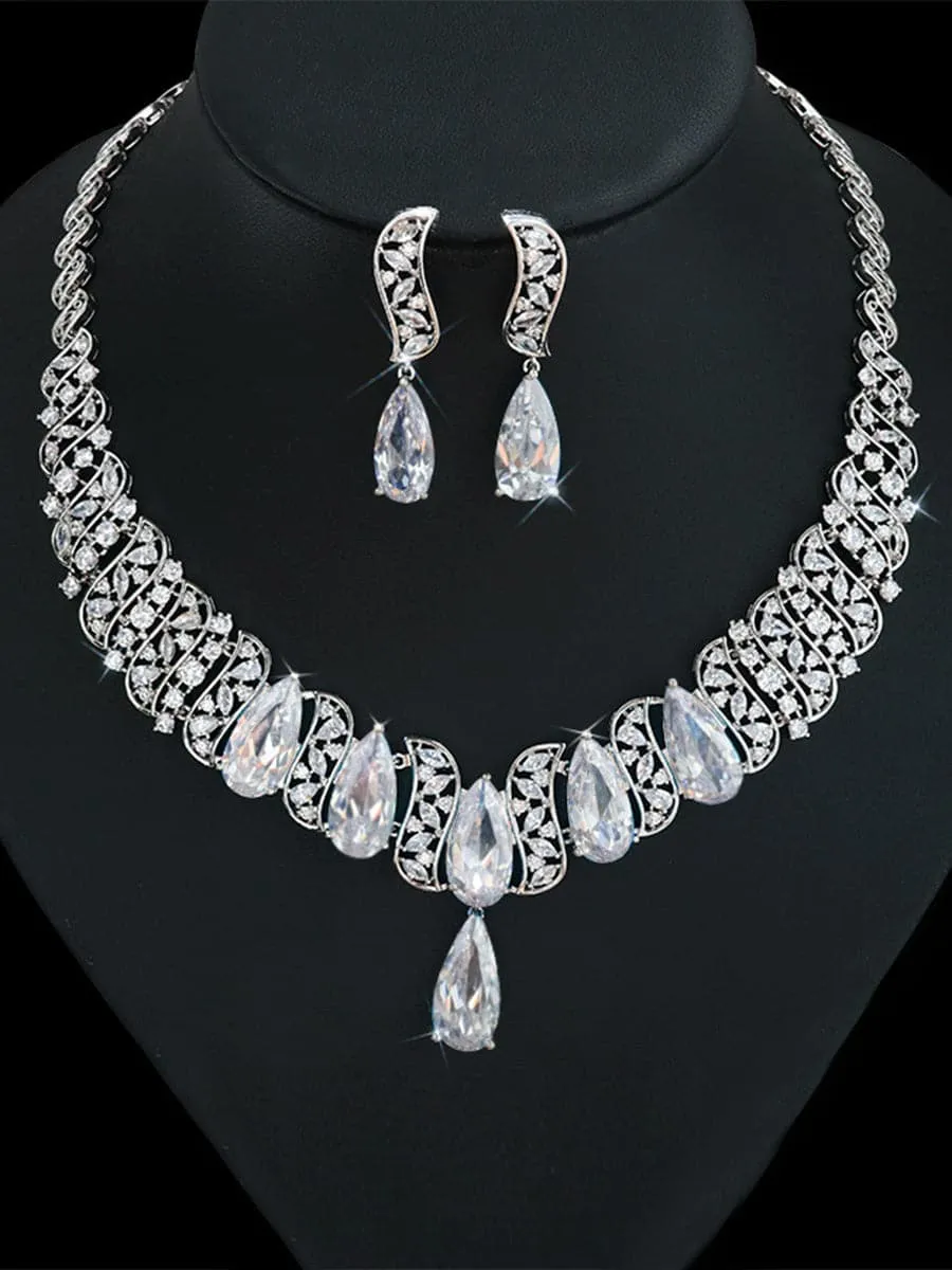 Missord Pear Cut Inlay Zircon Cutout Necklace Earrings Set MRL1018