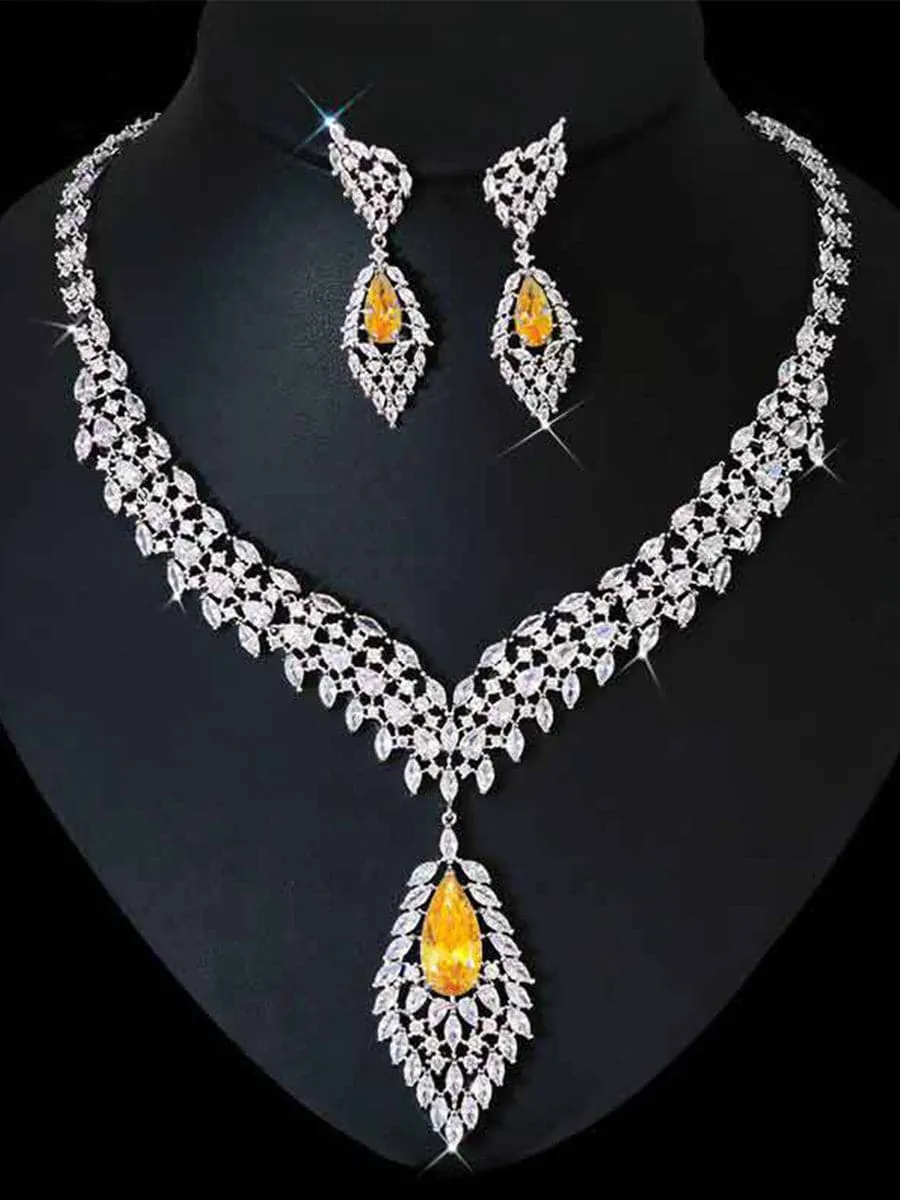 Missord Pear Cut Zircon Wing Earrings Necklace Set MRL1019