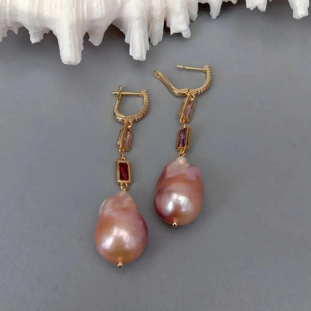 Natural Cultured Pink Keshi Pearl CZ Pave Chain Dangle Earrings