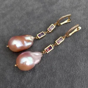 Natural Cultured Pink Keshi Pearl CZ Pave Chain Dangle Earrings