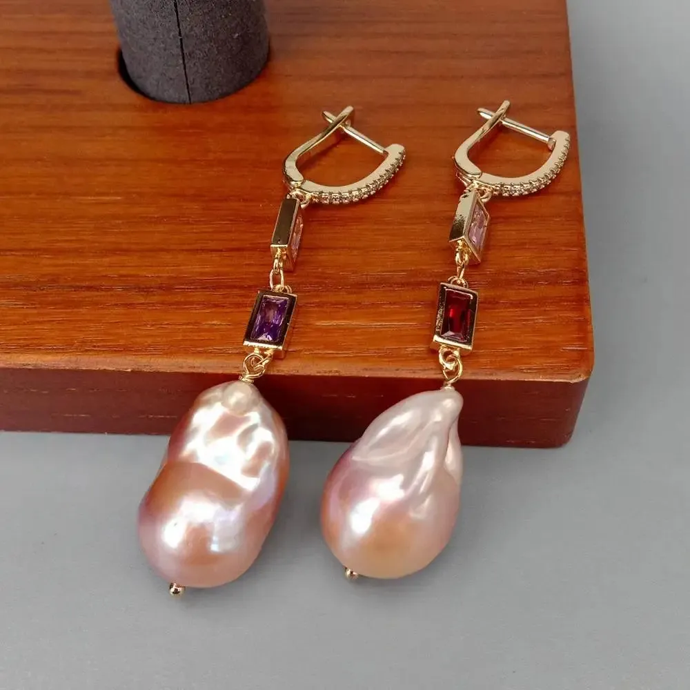 Natural Cultured Pink Keshi Pearl CZ Pave Chain Dangle Earrings