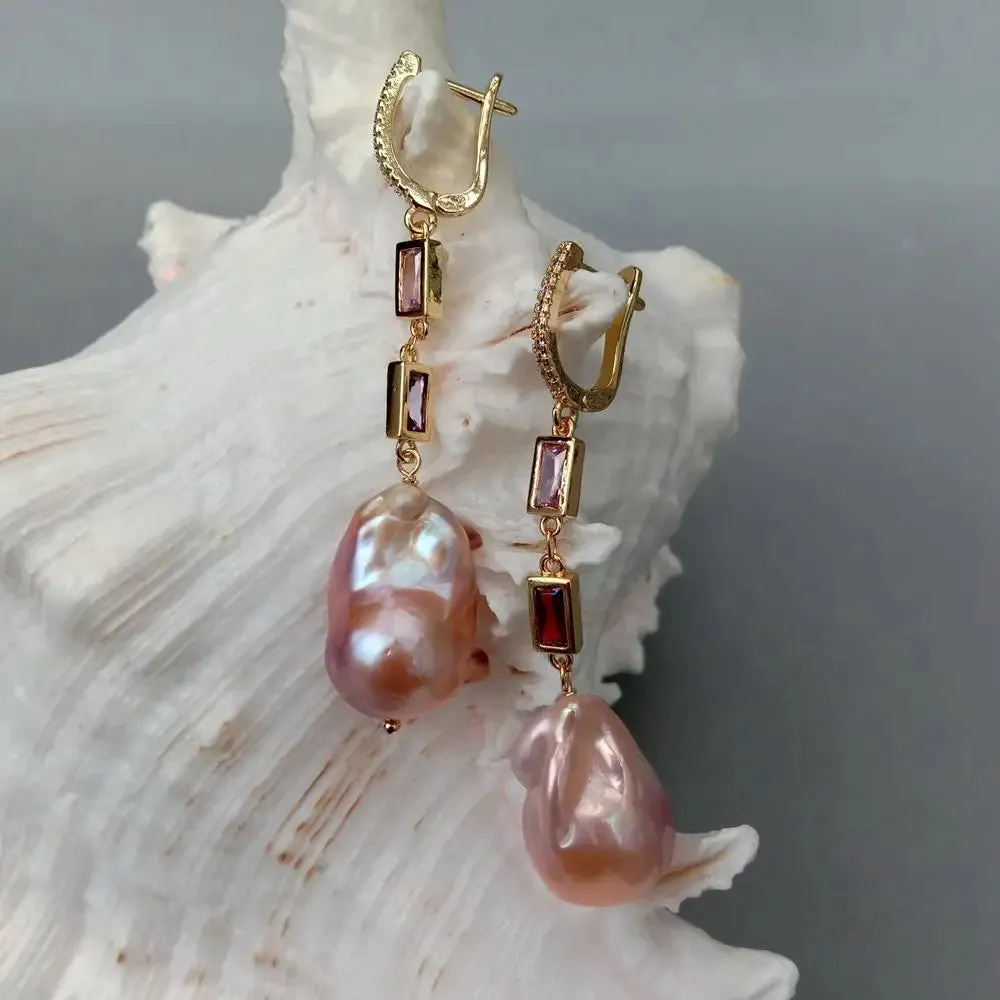 Natural Cultured Pink Keshi Pearl CZ Pave Chain Dangle Earrings