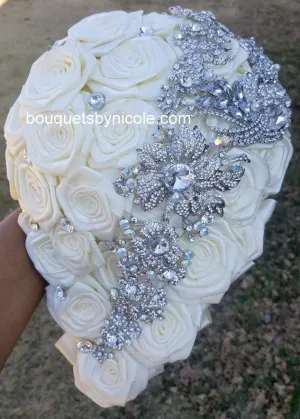 NETTI ~ Cascade Waterfall Ivory Satin Roses Brooch Bouquet