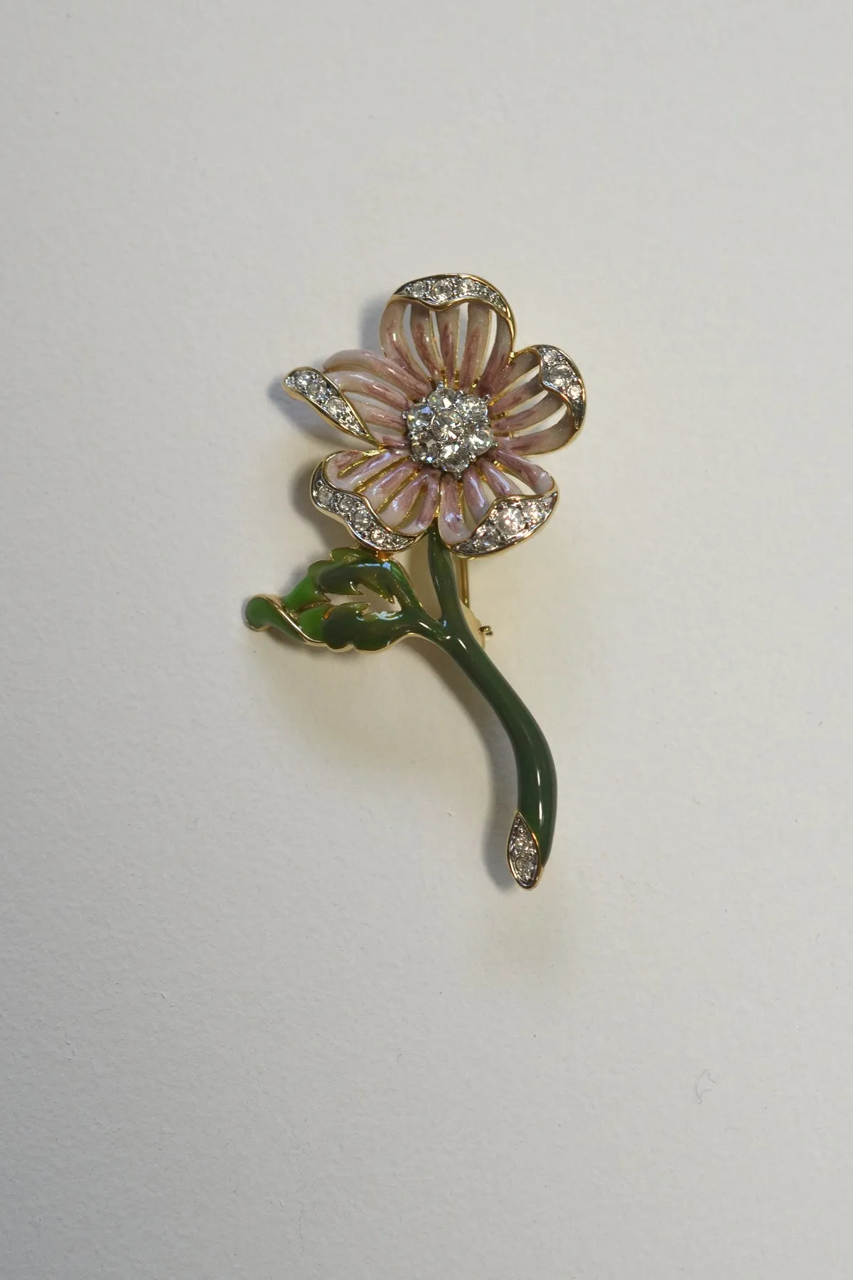 Nolan Miller Rose Mauve Enamel and Crystal Flower Brooch