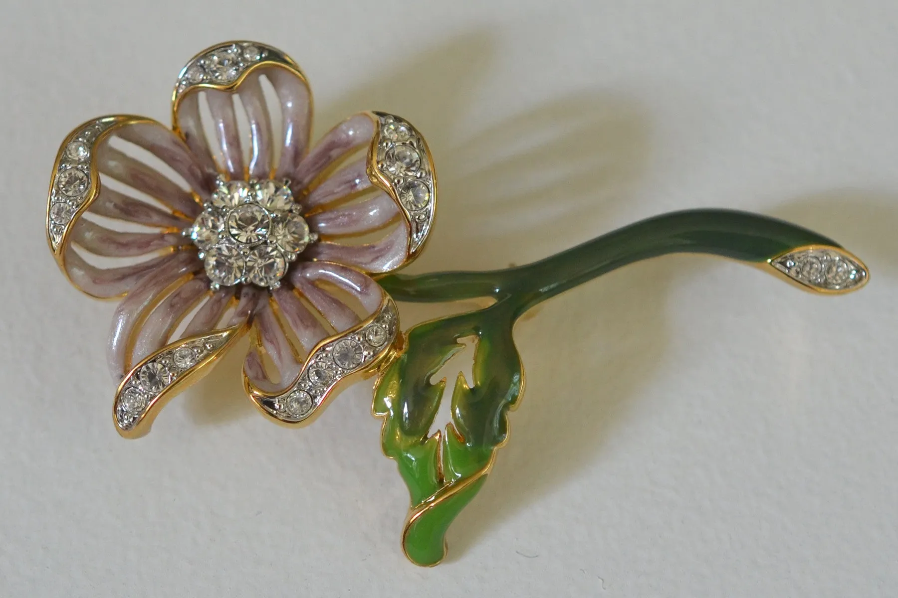 Nolan Miller Rose Mauve Enamel and Crystal Flower Brooch