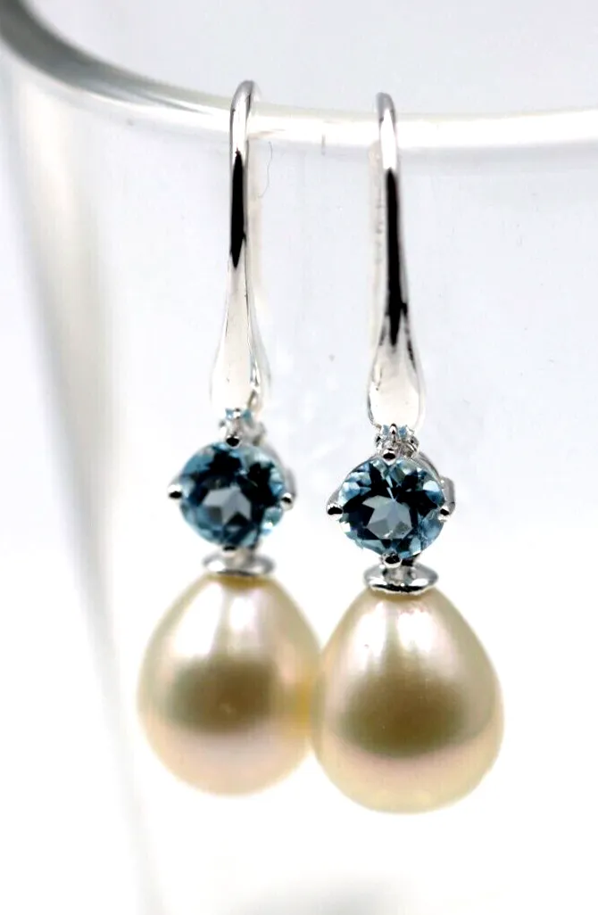 Oval Freshwater Cultured Pearl with 4-Claw 5mm Natural Blue Topaz Hook Earrings