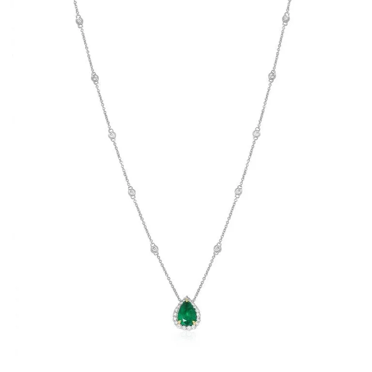 Pear Shape Green Emerald and Diamond Necklace with Diamond Chain