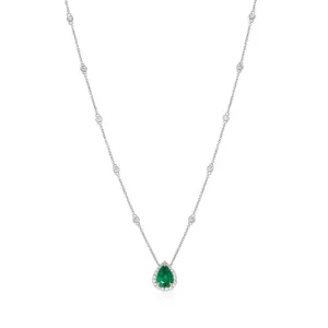 Pear Shape Green Emerald and Diamond Necklace with Diamond Chain