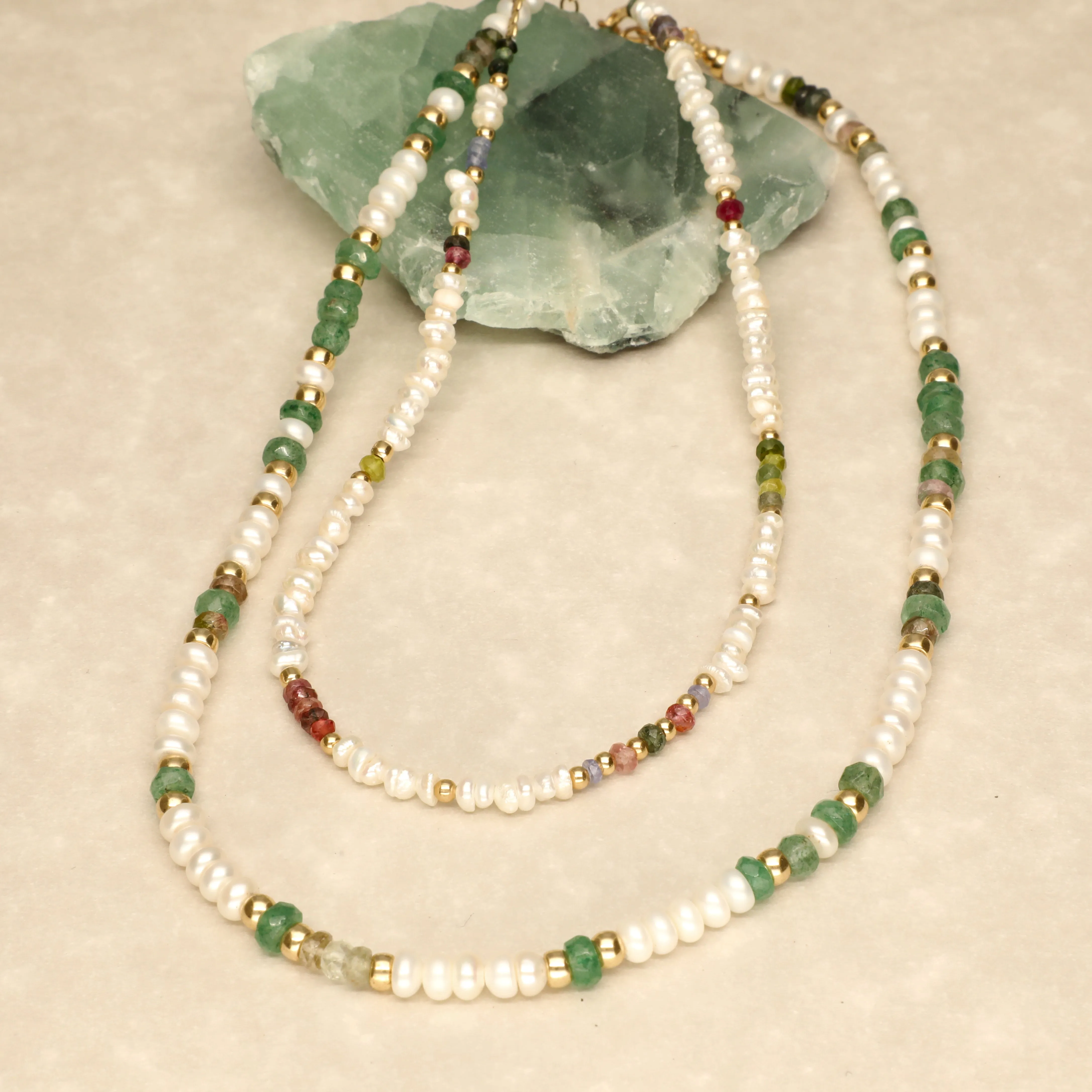 Pearl Emerald and Tourmaline Chunky Necklace