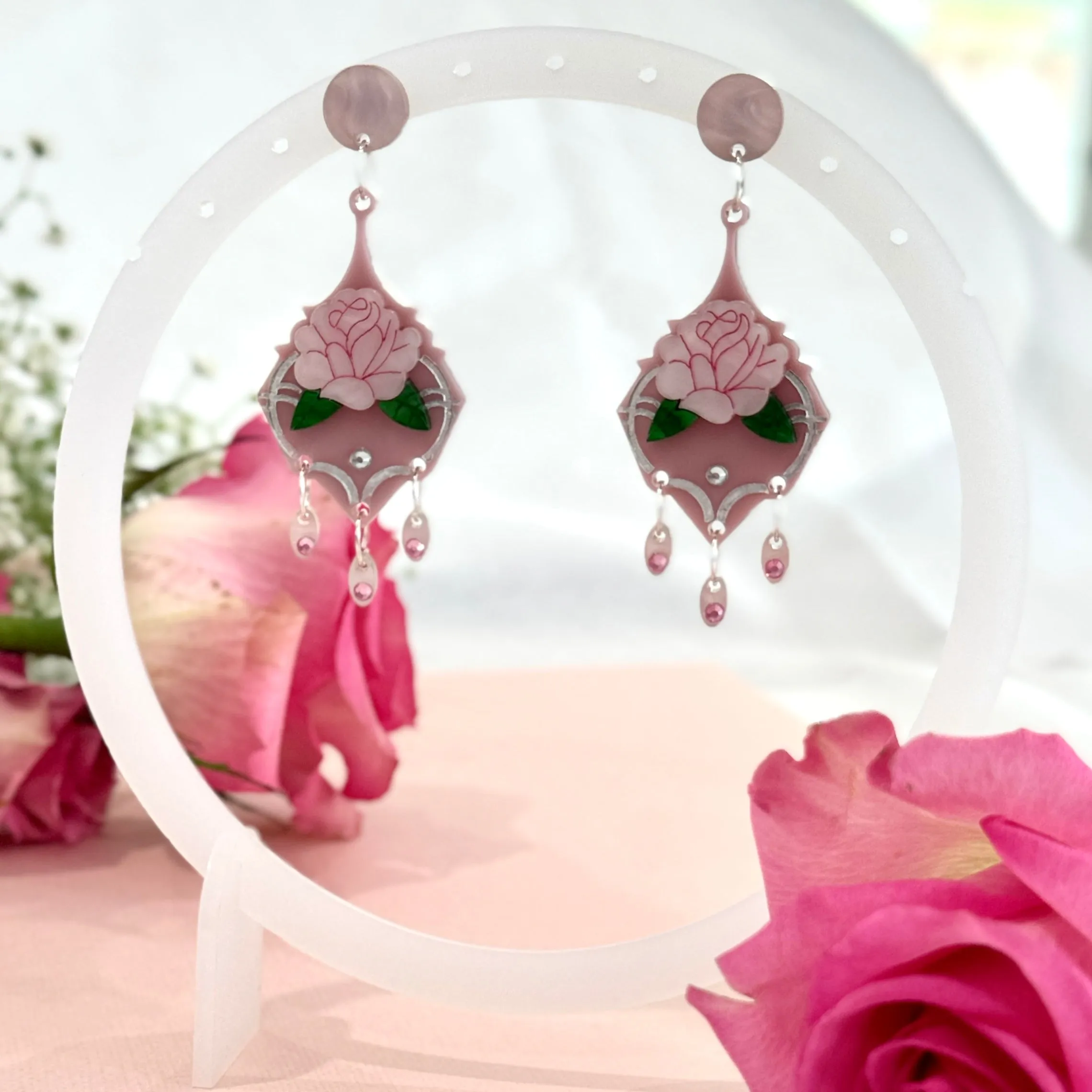 Pink rose - Dangle earrings - Set of 2