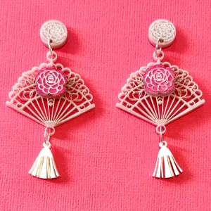 Pink rose fan -🪭 Dangle earrings - Set of 2