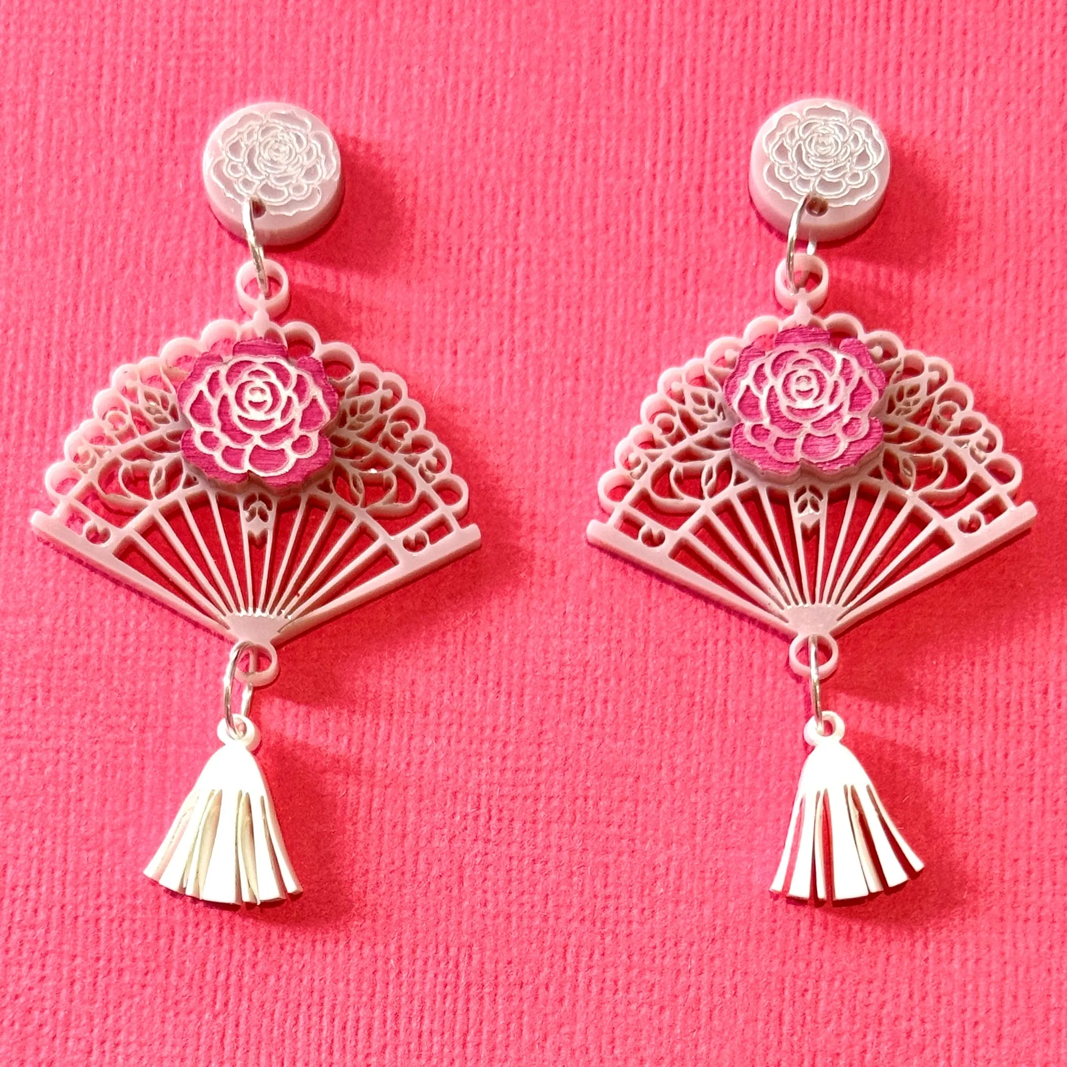 Pink rose fan -🪭 Dangle earrings - Set of 2