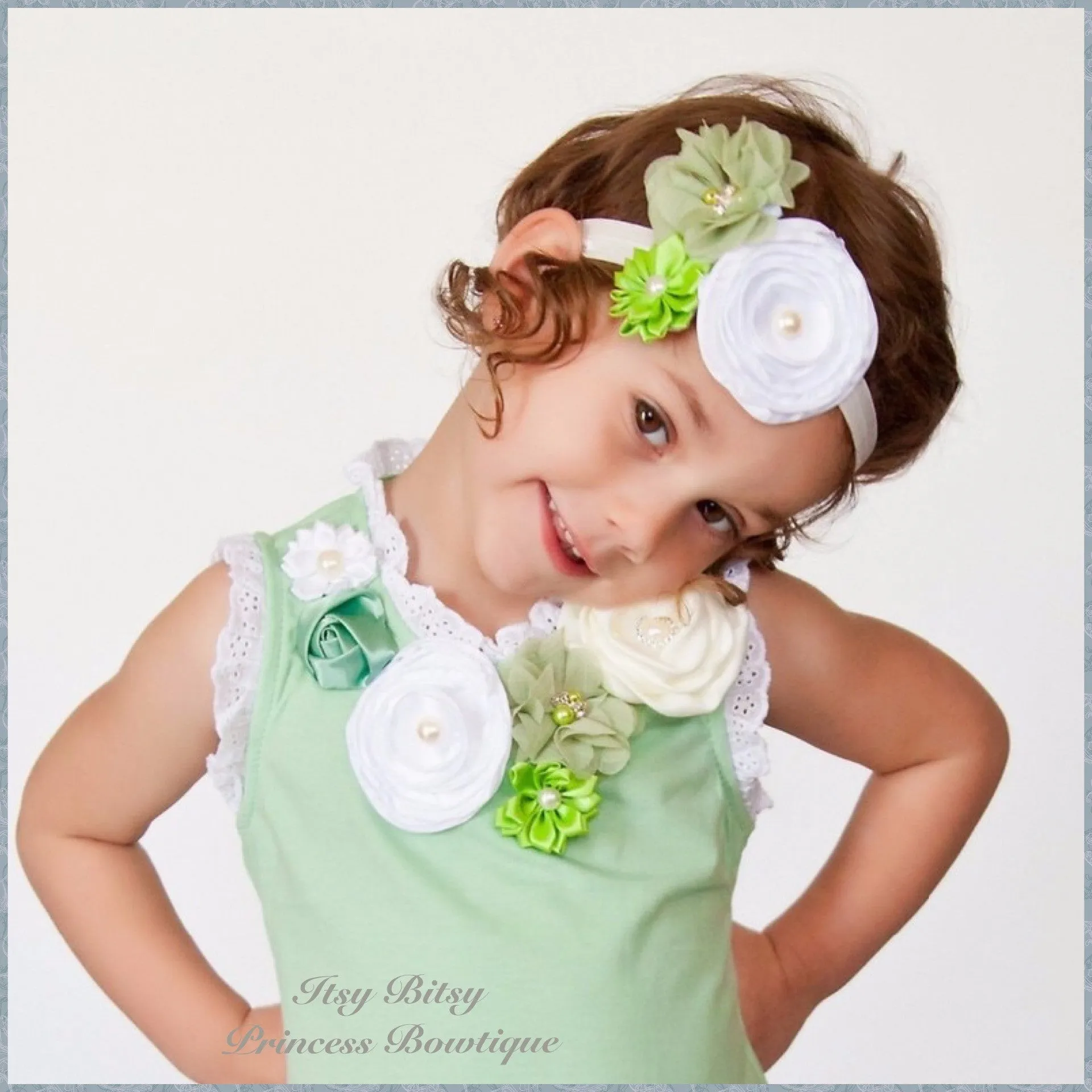 Pistachio, Green & Peach Rosettes Headbands