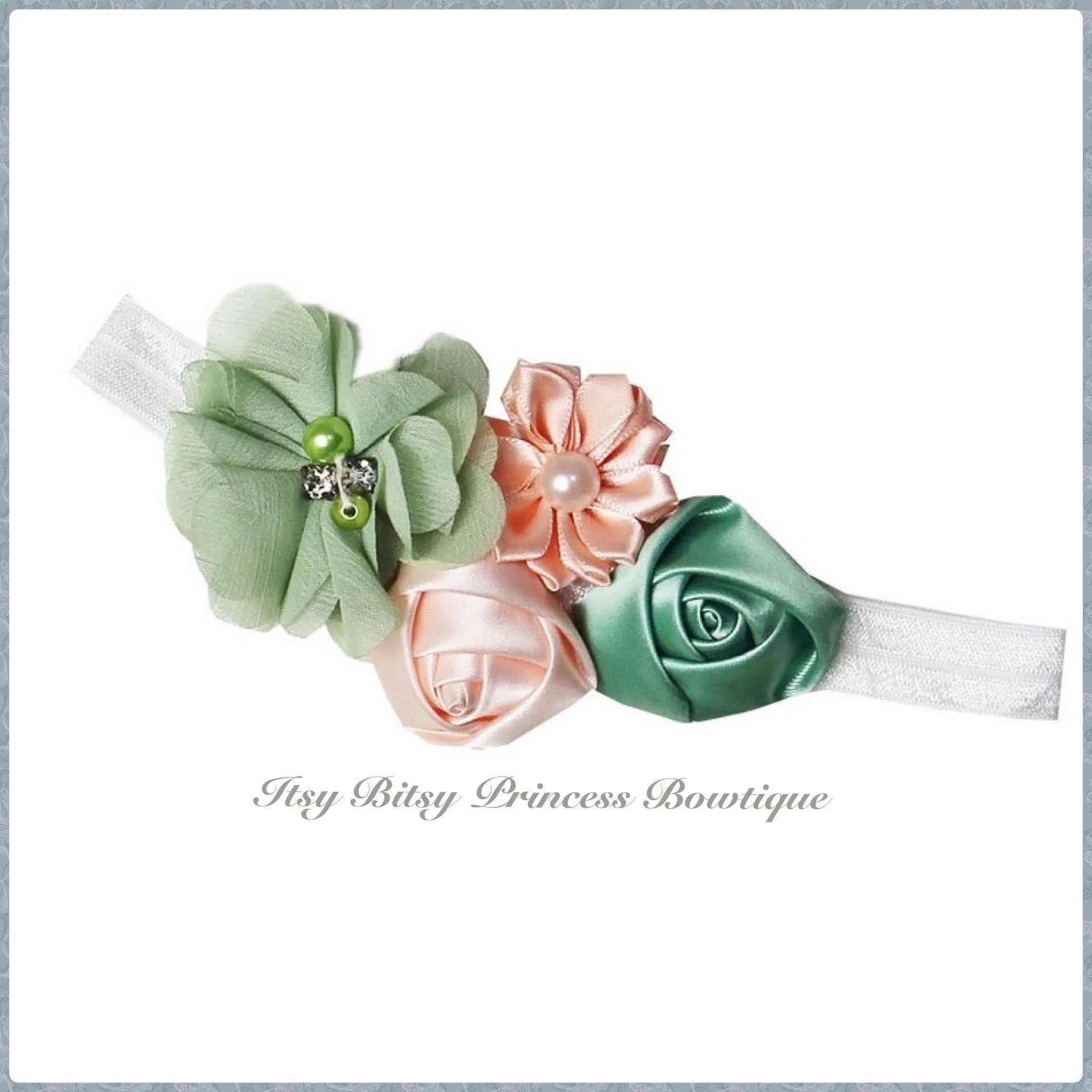 Pistachio, Green & Peach Rosettes Headbands