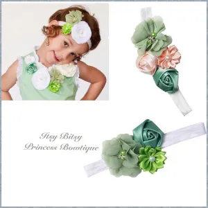 Pistachio, Green & Peach Rosettes Headbands