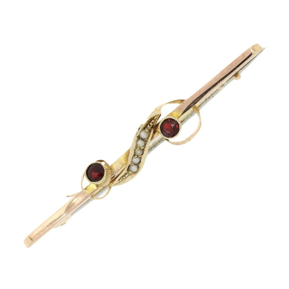 Pre Owned Vintage 9ct Gold Garnet and Seed Pearl Bar Brooch